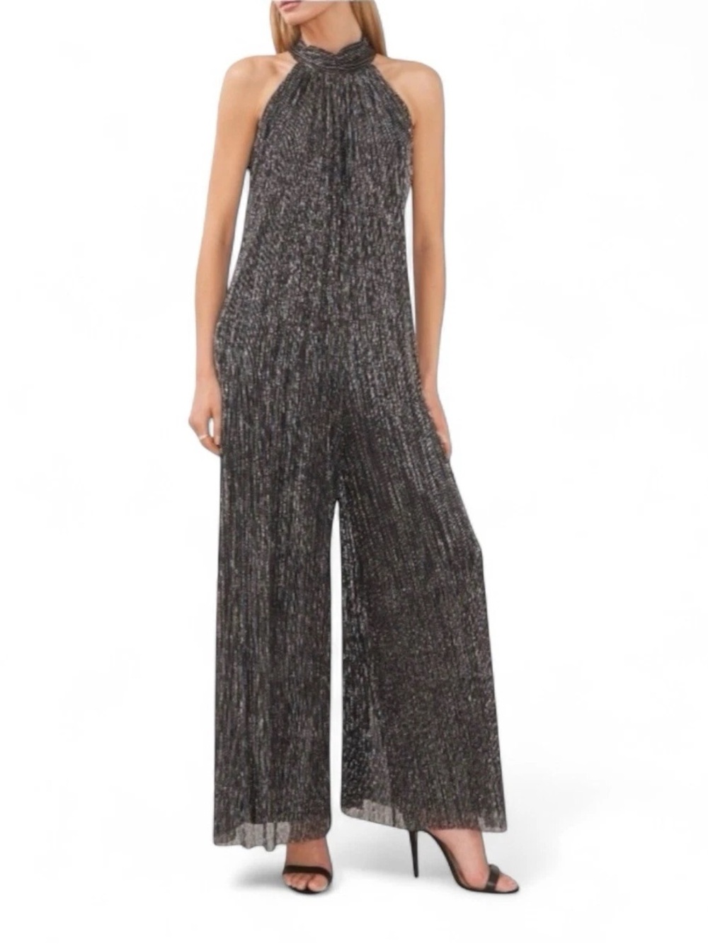 NWT- Halogen Metallic Black Halter Wide-Leg Jumpsuit